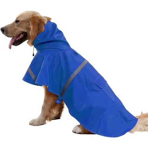 Large Dog Raincoat Adjustable Pet Water Proof Clothes Lightweight Rain Jacket Poncho Hoodies with Strip Reflective (Large (Pack of 1) / Blue)