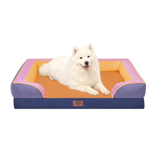 Orthopedic Dog Beds for Large Sized Dog with Bolster (36.0"L x 27.0"W x 8.0"Th / Orange Breeze)