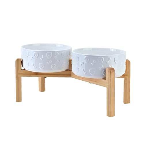 Elevated Dog Bowls Ceramic (7.3 in - 5.3 cups / White - Skull)