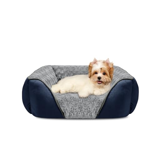 Small Dog Bed Rectangle Washable Orthopedic Soft Calming Sleeping Durable Pet Cuddler with Anti (S(20"x 19"x 6") / Navy)
