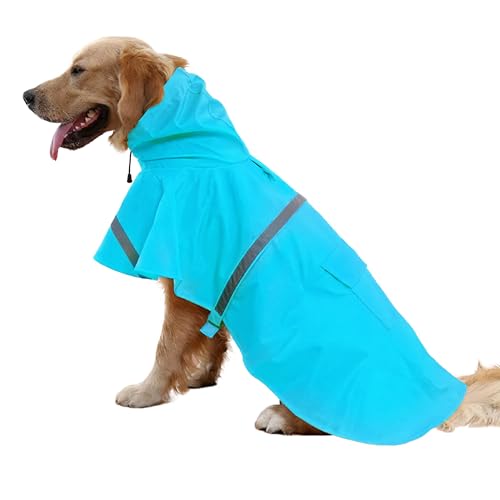 Large Dog Raincoat Adjustable Pet Water Proof Clothes Lightweight Rain Jacket Poncho Hoodies with Strip Reflective (Large (Pack of 1) / Lake Blue)