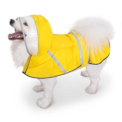 Dog Raincoat Adjustable Rain Jacket with Hooded Double Layer for Large Medium Small Dogs Puppies (Yellow / Small)