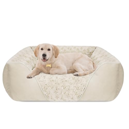 Large Dog Bed Rectangle Washable Orthopedic Soft Calming Sleeping Durable Pet Cuddler with Anti (L(30"x 24"x 9") / Cream)