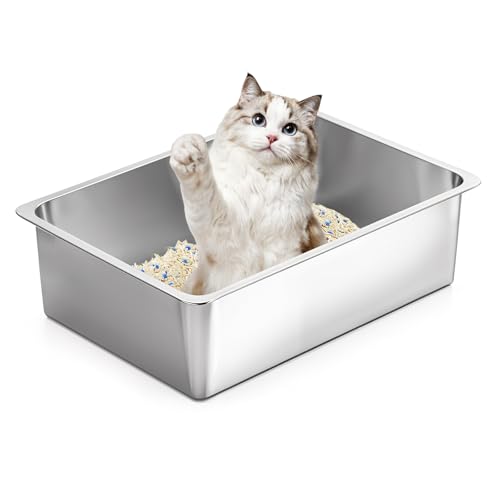 Large Stainless Steel Cat Litter Box High Sided (19.5" L x 13.6" W x 5.96" H)