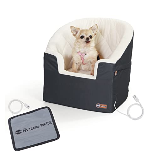 Bucket Booster Washable Medium and Small Dog Car Seat with Dog Seat Belt for Car (Heated Small / Charcoal/Cream)