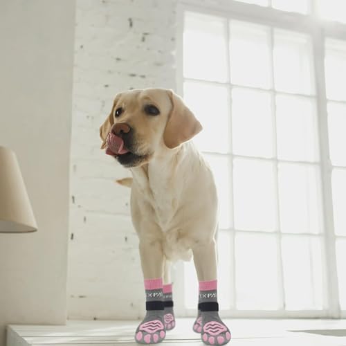 6PCS Anti Slip Dog Socks to Prevent Licking Paws (X-small (6 Count) / Pink and Grey)