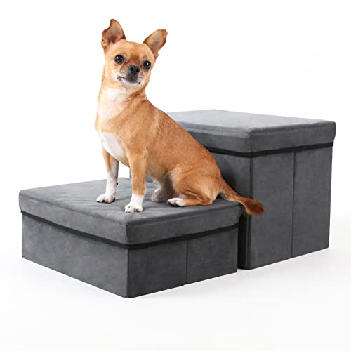 Foldable Dog Stairs with Storage (Dark Gray Suede)
