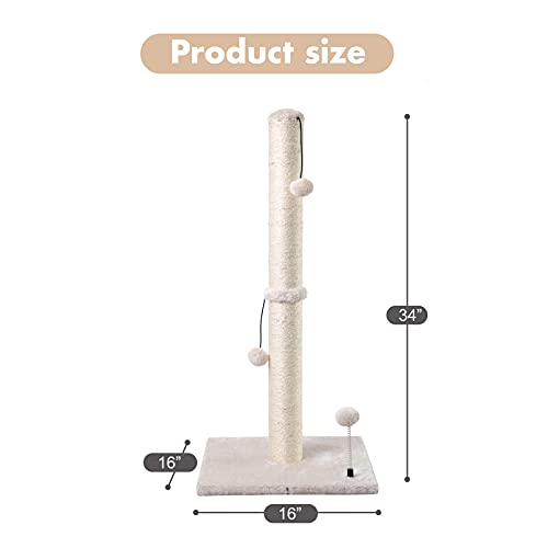 34” Tall Cat Scratching Post Premium Basics Kitten Scratcher Sisal Scratch Posts Trees with Hanging Ball for Indoor Cats (34 inches for Adult Cats / Beige)