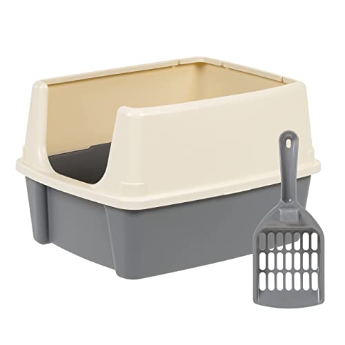 Large Cat Litter Box with High Sides (Grey/Beige / Open Top)