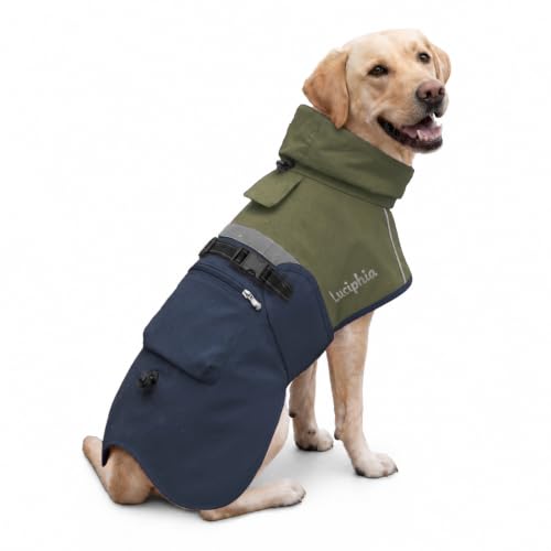 Dog Raincoat Adjustable Hooded Reflective Jacket with Pocket (Olive Navy / XX-Large)