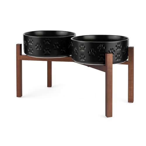 Ceramic Elevated Dog Bowl Set with Acacia Wood Stand for Food and Water for Large Dogs (60.87 Oz / Black with Dog Paw Pattern)