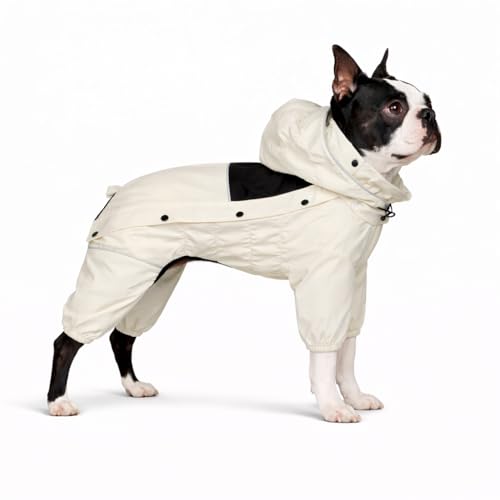 Waterproof Dog Raincoat with Removable Hood (Ivory / M (Back 14"))