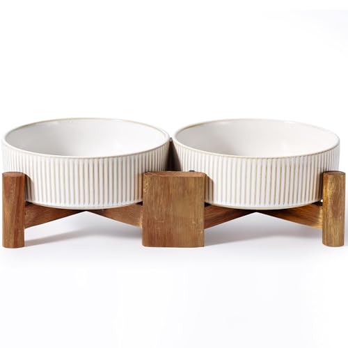Elevated Ceramic Dog Cat Bowl Set (Small-1.8Cups / Vintage White)