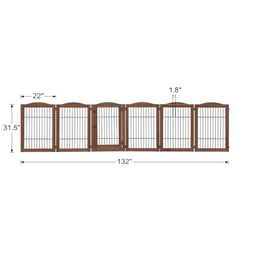 132" Extra Wide Dog Gate and Pet Playpen with Walk Through Door (Walnut / 132"W×31.5"H)