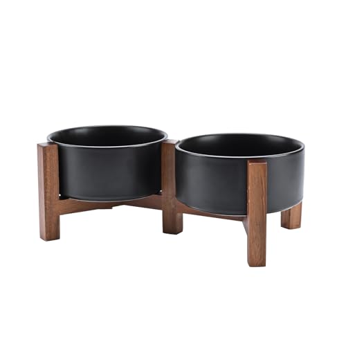 Ceramic Dog Bowls with Acacia Wood Stand (28.74 Oz / Black)