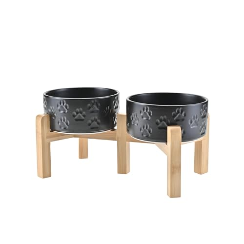 Elevated Dog Bowls Ceramic (6.1 in - 3.6 cups / Paw Black)
