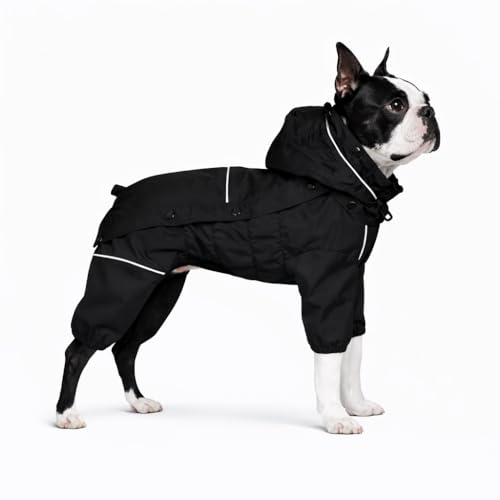 Fleece Lined Dog Raincoat with Removable Hood (Black-Fleeced / XL (Back 18"))