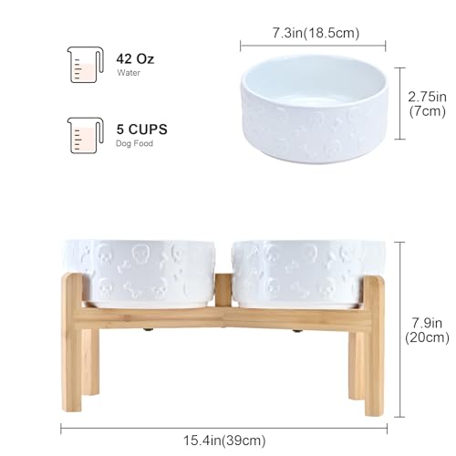 Elevated Dog Bowls Ceramic (7.3 in - 5.3 cups / White - Skull)
