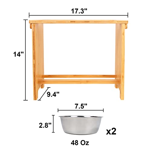 Elevated Dog Bowl Stand with 2 Stainless Steel Bowls (X large-14"tall,48 Oz bowl / Bamboo)