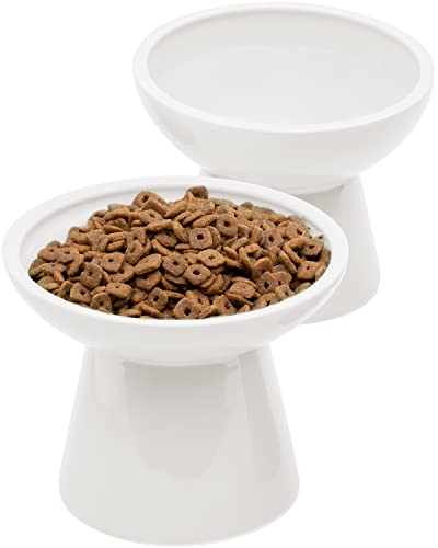 2 Pack Elevated Ceramic Cat Bowls Extra Wide for Food & Water (White)