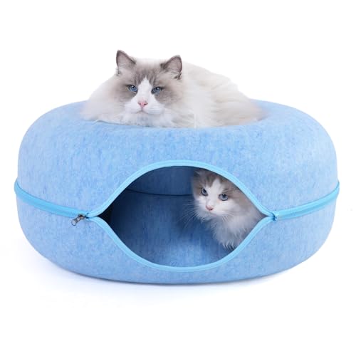 Large Cat Tunnel Bed for Indoor Cats with 3 Toys (L(24x24x11) / Blue)