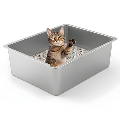 Large High Sided Stainless Steel Cat Litter Box (17.52" L x 13.58" W x 5.9" H)