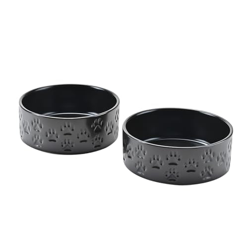 Ceramic Dog Bowls 2 Pack (7.3 in - 5.3 cups / Paw Black - Only Bowls*2)