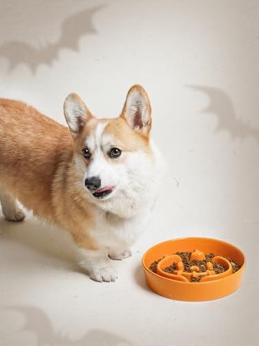 Ceramic Slow Feeder Dog Bowl for Small Medium Dogs & Puppy (Pumpkin Orange / M-1.5 Cups)