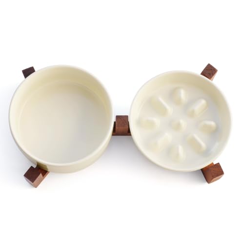 WHUD Elevated Ceramic Dog Bowls with Wooden Stand for Small to Medium Sized Dogs