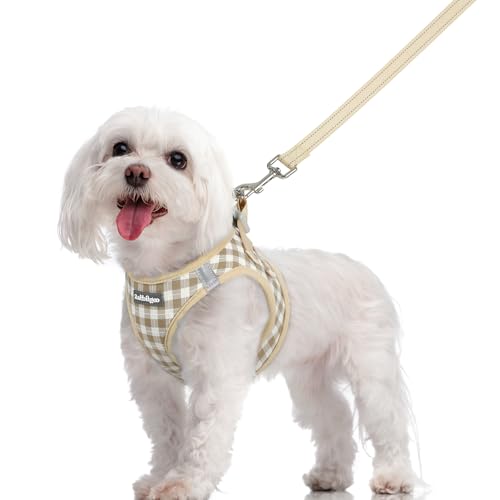 Dog Harness Medium Sized and Leash Set (Beige Check / M (chest: 16 - 18.5"))