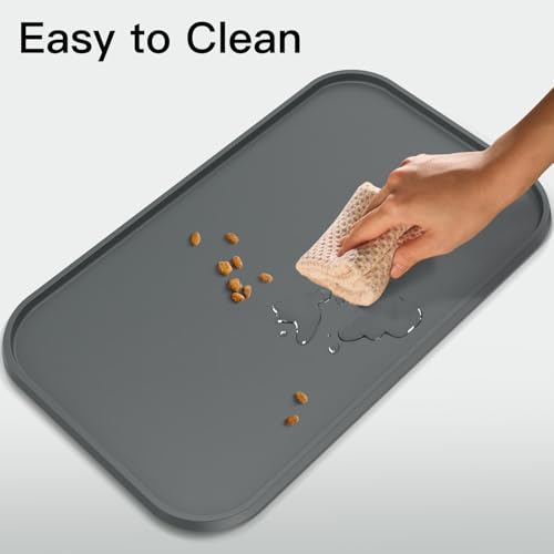 Pet Feeding Mat [Warped Resistant Raised Edge] (23.5"L x 13.5"W / Gray)