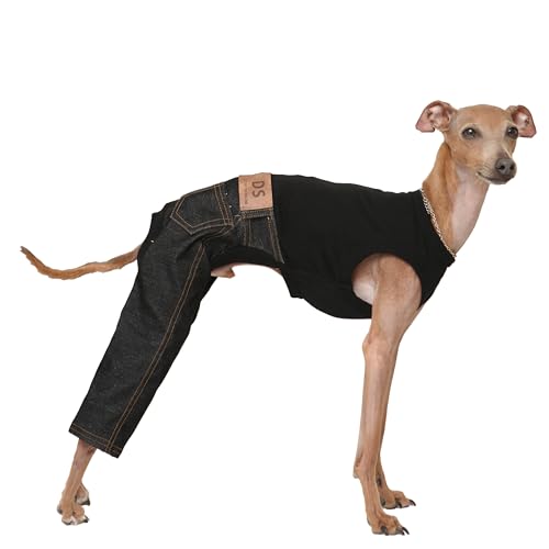 D Doggy Star Italian Greyhound Clothes Sleeveless Jeans Onesie Outfit Whippet for Dog Coat (XL / Black Jean)