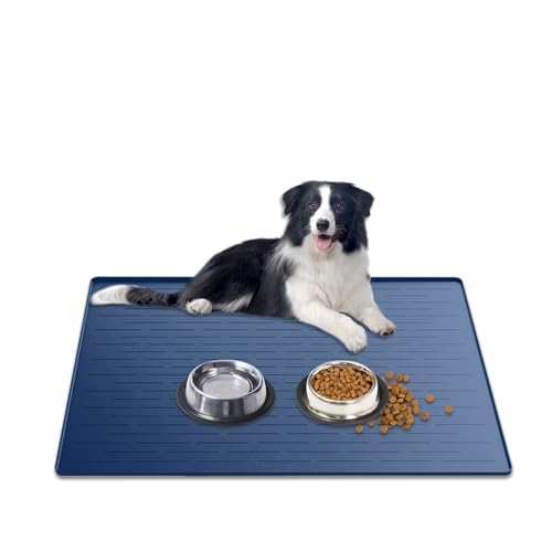 Large Dog Mat for Food and Water (Dark Blue / 31.8"L x 23.8"W)