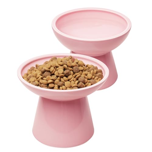 2 Pack Elevated Ceramic Cat Bowls Extra Wide for Food & Water (Pink)