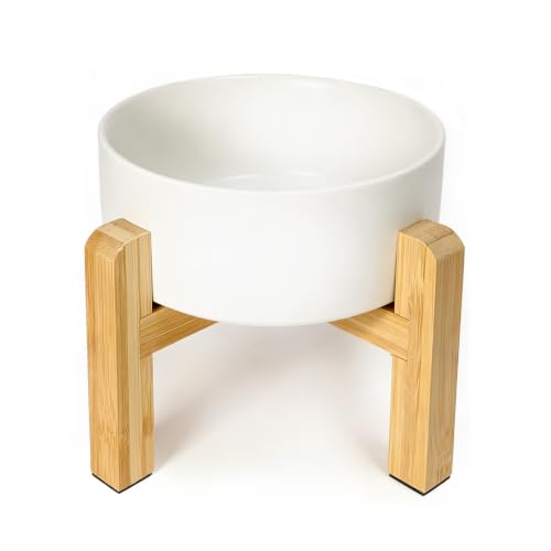 Ceramic Elevated Dog Bowl with Bamboo Stand (Medium / White)