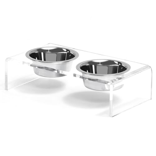 Acrylic Elevated Dog Cat Bowls Pet Feeder Double Bowl Raised Stand Comes with 4 Removable Stainless Steel Bowls. Perfect for Cats Puppies Small Dogs (Small: 3.75'' Height, 23.6 oz Steel Bowl)