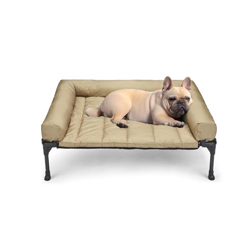 Outdoor Elevated Dog Bed with Waterproof Bolster Cushion (Beige Coffee / 32.0"L x 25.0"W x 7.0"Th)