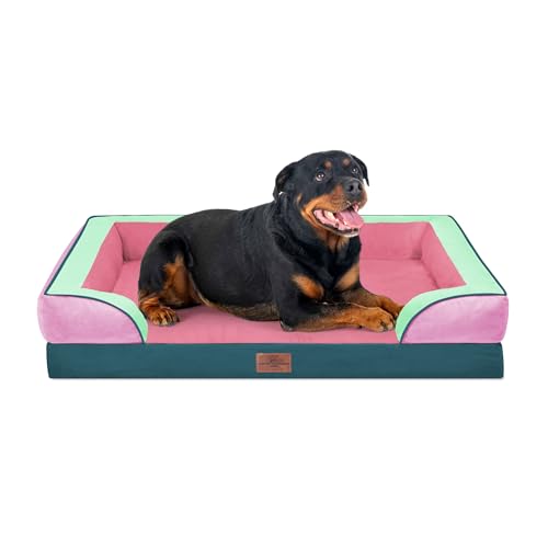 Orthopedic Dog Bed for Extra Large Dogs with Bolster (45.0"L x 35.0"W x 8.5"Th / Mint-Berry Dream)