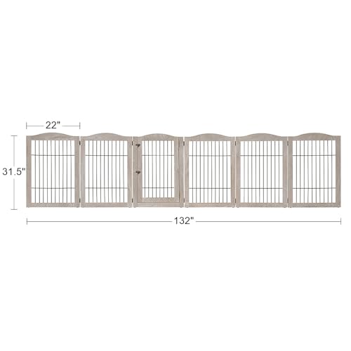 132" Extra Wide Dog Gate and Pet Playpen with Walk Through Door (Weathered Grey / 132"W×31.5"H)