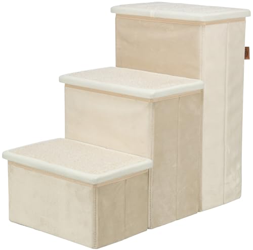 3 Step Velour Pet Stairs for Dogs & Cats (Beige / 11" W x 17.7" H)