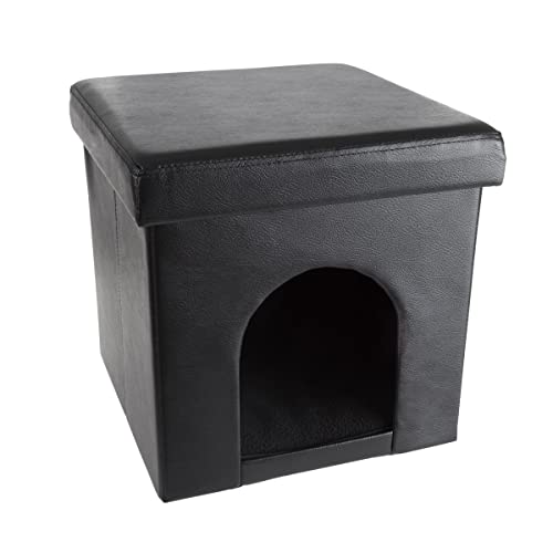 Cat House Collapsible Multipurpose Small Dog or Cat Ottoman with Footrest (Black)