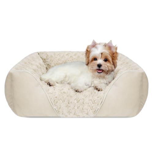 Small Dog Bed Rectangle Washable Orthopedic Soft Calming Sleeping Durable Pet Cuddler with Anti (S(20"x 19"x 6") / Cream)
