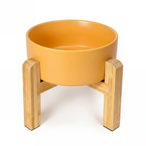 Ceramic Elevated Dog Bowl with Bamboo Stand (Medium / Yellow)