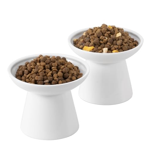 2 Pack Extra Wide Elevated Ceramic 6.2" Shallow Cat Food Bowls (White-2 Food Bowl)