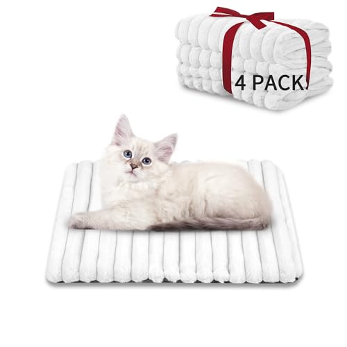 4pcs Soft Plush Fluffy Self Warming Thermal Pet Mat for Dogs and Cats (Creamy White / Small (20'' X 16'' X 1''))