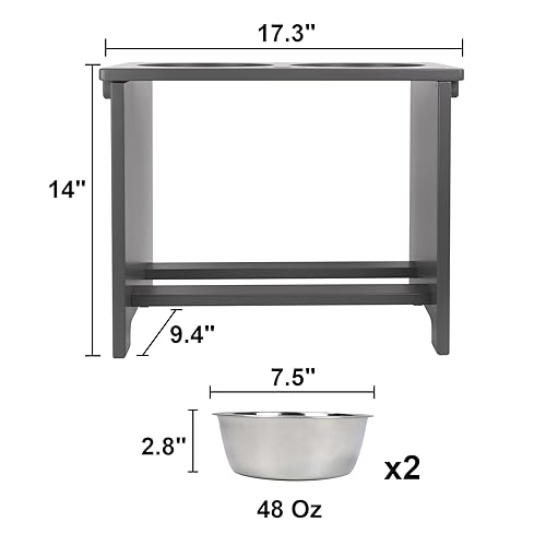 Elevated Dog Bowl Stand with 2 Stainless Steel Bowls (X large-14"tall,48 Oz bowl / Grey)