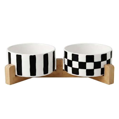 Ceramic Dog Bowl Set of 2 with Wood Stand (M-3.5 Cups / 01-Checkerboard & Stripe)