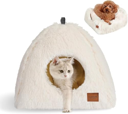 Cat Bed Cat Beds for Indoor Cats 2 in 1 Foldable Cat House White L (White / L(17.7 x 17.7 x 17.7 Inch))