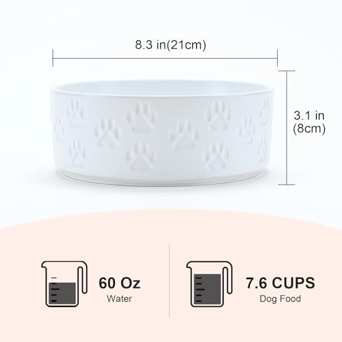 Ceramic Dog Bowls 2 Pack (8.3 in - 7.6 cups / Paw White - Only Bowls*2)