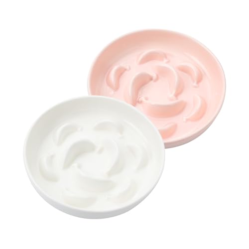 2 Pack Ceramic Cat Slow Feeder Bowl Set (White and Pink)